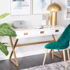 White and Gold Metal Desk with Outlets