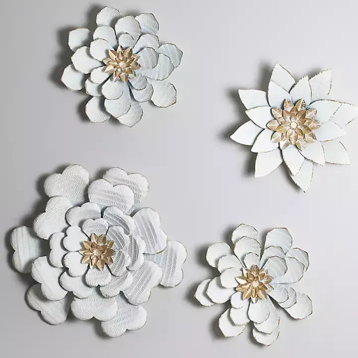 White and Gold Metal Flower Large Wall Plaque
