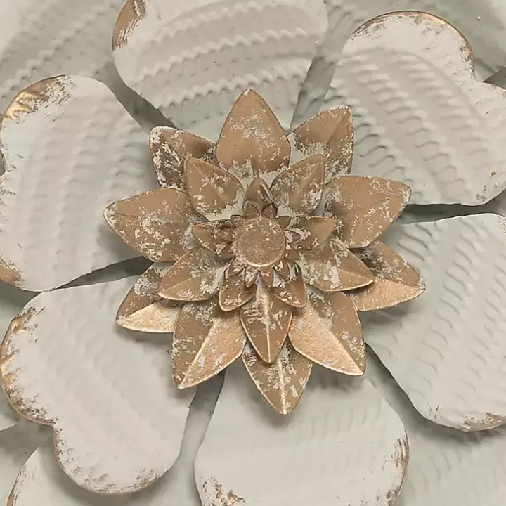 White and Gold Metal Flower Large Wall Plaque