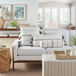 White and Gray Braided Stripe Lumbar Pillow