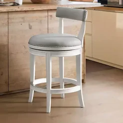 White and Gray Faux Leather Swivel Counter Stool