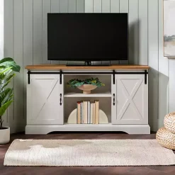 White and Natural Sliding Barn Door TV Stand