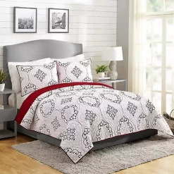 White and Red Pattern 3-pc. King Quilt Set