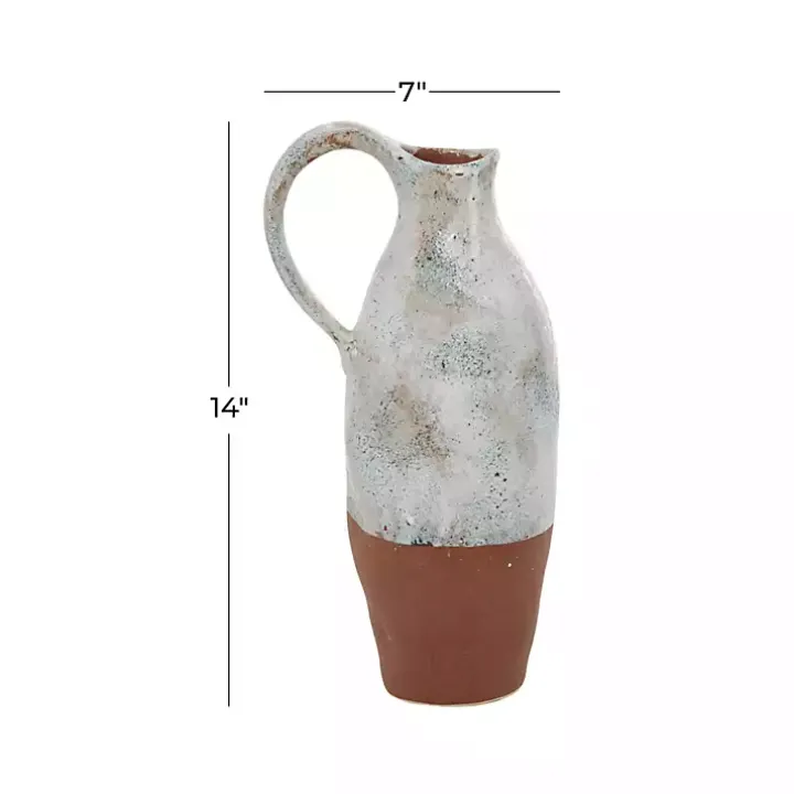 White and Rust Brown Ceramic Vase, 14 in.