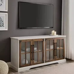 White and Rustic Oak Glass Door TV Stand