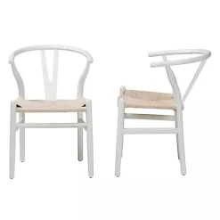 White and Tan Wishbone Dining Chairs, Set of 2