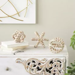White Beaded Boho Wooden Orbs, Set of 3