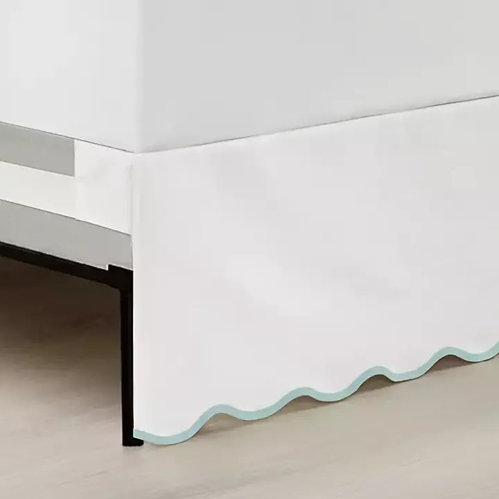 White Blue Scalloped Coastal King Bed Skirt