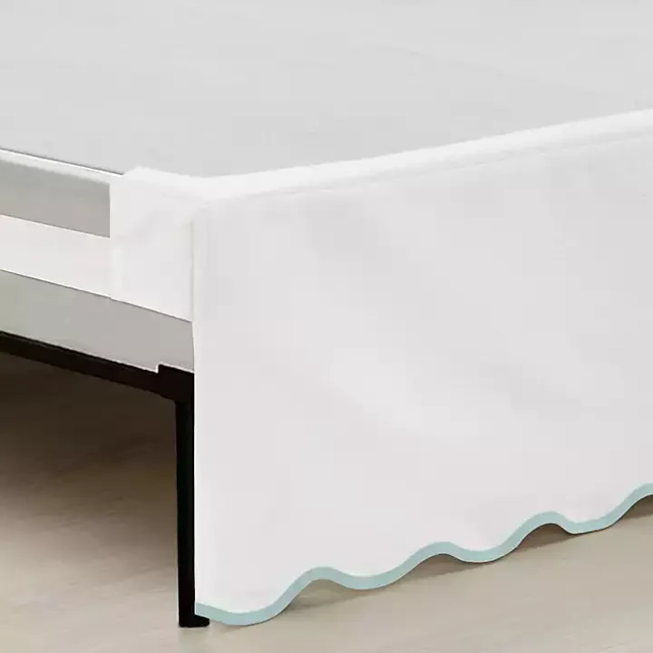 White Blue Scalloped Coastal King Bed Skirt