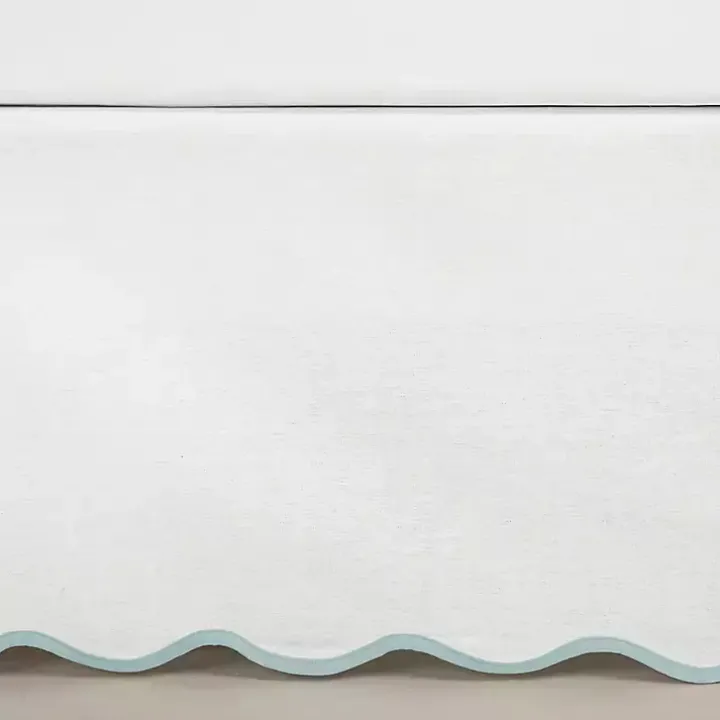 White Blue Scalloped Coastal King Bed Skirt