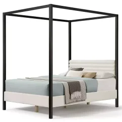 White Boucle Upholstered Black Canopy Queen Bed