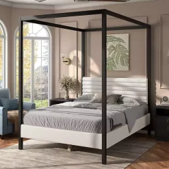 White Boucle Upholstered Black Canopy Queen Bed