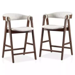 White Boucle Wood Penny Counter Stools, Set of 2