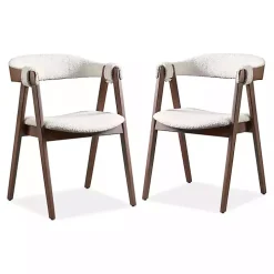 White Boucle Wood Penny Dining Chairs, Set of 2