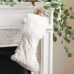 White Cable Knit Stockings with Fur Trim, Set of 2