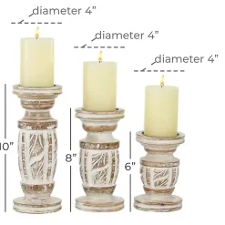White Carved Wood Candle Holders, Set of 3