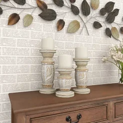 White Carved Wood Candle Holders, Set of 3
