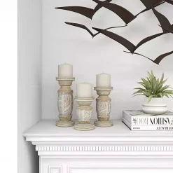 White Carved Wood Candle Holders, Set of 3