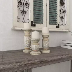 White Carved Wood Candle Holders, Set of 3