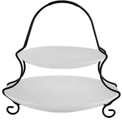 White Ceramic 2 Tiered Serving Set with Metal Rack