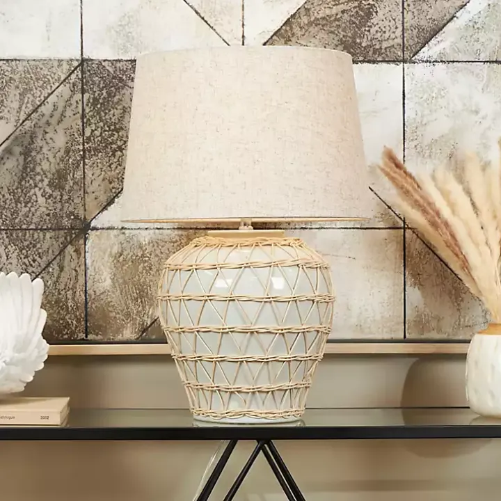 White Ceramic and Jute Woven Table Lamp