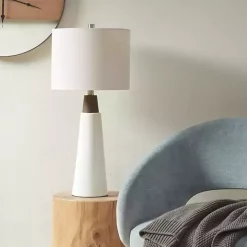 White Ceramic and Wood Cone Table Lamp