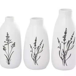 White Ceramic Botanical Print Vases, Set of 3