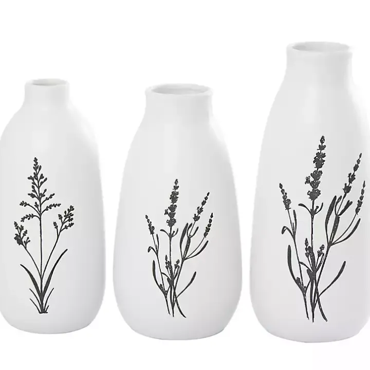 White Ceramic Botanical Print Vases, Set of 3