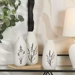 White Ceramic Botanical Print Vases, Set of 3