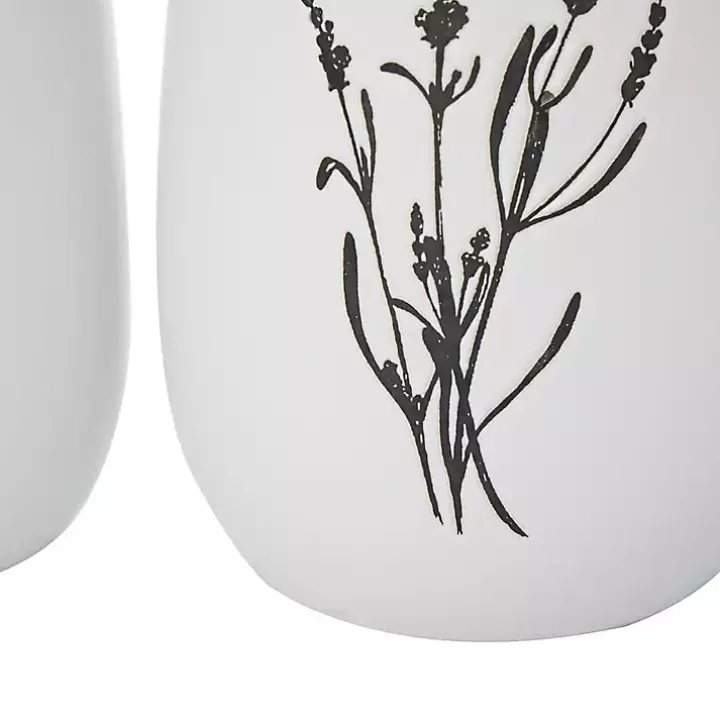 White Ceramic Botanical Print Vases, Set of 3