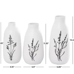 White Ceramic Botanical Print Vases, Set of 3