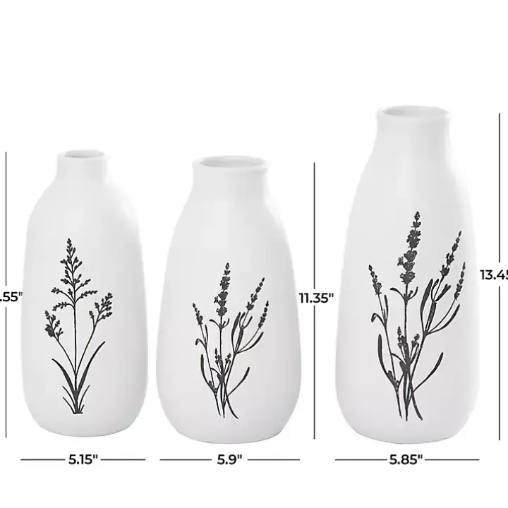 White Ceramic Botanical Print Vases, Set of 3