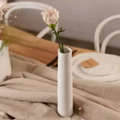 White Ceramic Flower Names Embossed Vase, 9 in.