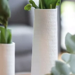 White Ceramic Flower Names Embossed Vase, 12 in.