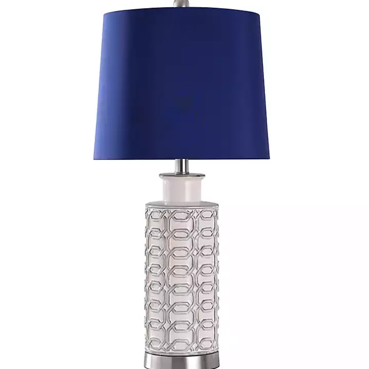White Ceramic Geometric Table Lamp with Blue Shade
