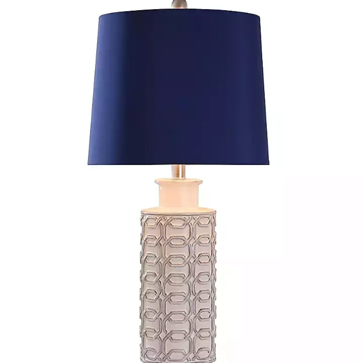 White Ceramic Geometric Table Lamp with Blue Shade