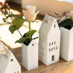 White Ceramic Village House Vase, 6 in.