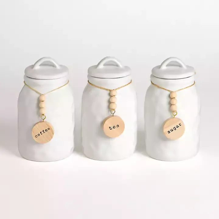White Ceramic Wood Bead Canisters, Set of 3