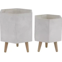 White Clay and Wood Hexagon Planters, Set of 2