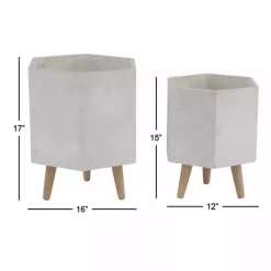 White Clay and Wood Hexagon Planters, Set of 2