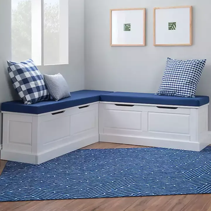 White Corner Bench with Blue Cushions