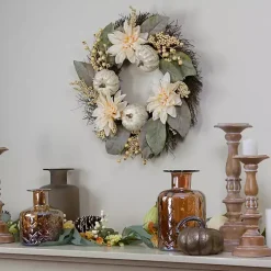White Dahlia and Pumpkin Harvest Wreath