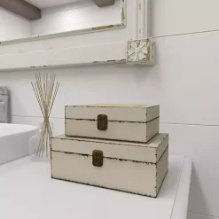 White Distressed Burlap Wooden Boxes, Set of 2