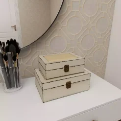 White Distressed Burlap Wooden Boxes, Set of 2