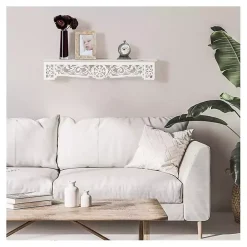 White Distressed Wood Carved Floral Shelf