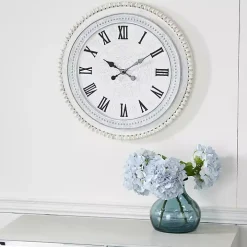 White Distressed Wood Round Beaded Wall Clock