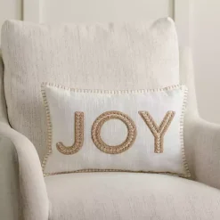 White Embroidered Joy Christmas Pillow