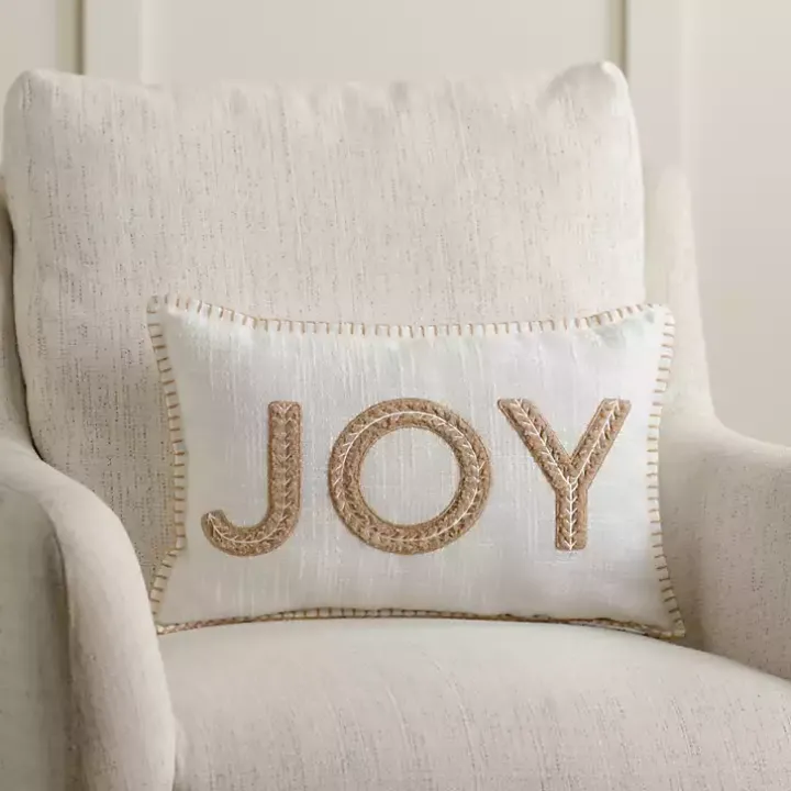 White Embroidered Joy Christmas Pillow