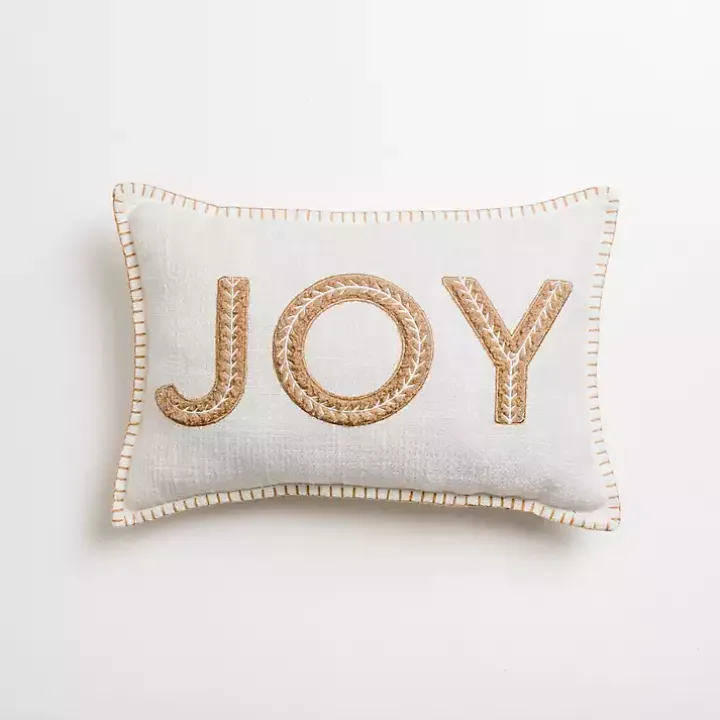 White Embroidered Joy Christmas Pillow