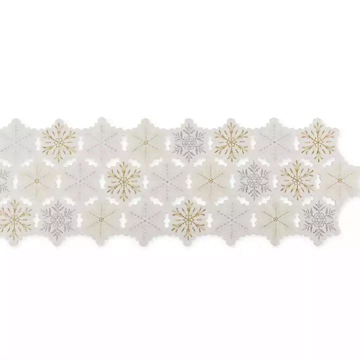 White Embroidered Snowflakes Table Runner
